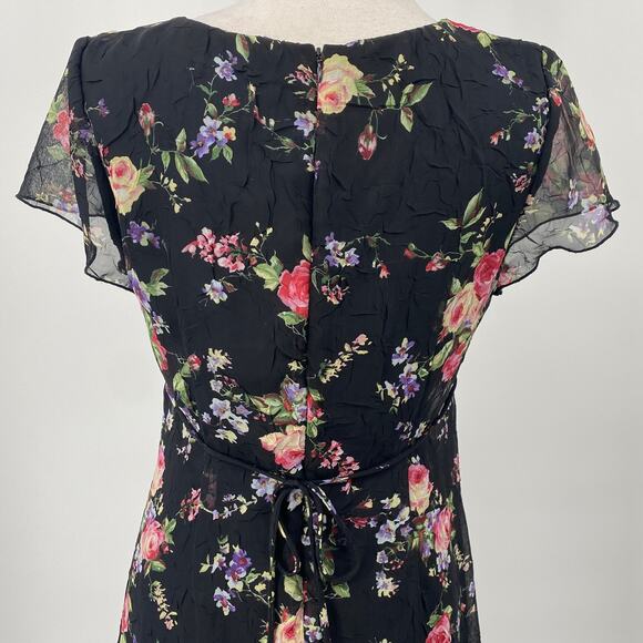 Vintage 90s Floral Print Midi Dress Crepe Empire Tie Waist V Neck Black Pink M - Picture 8 of 9